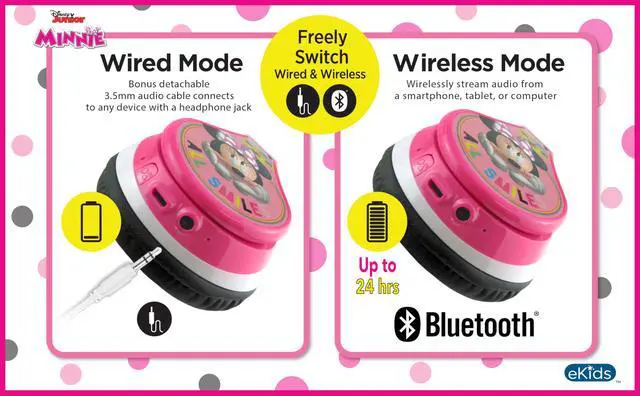 Alt view image 6 of 7 - Minnie Mouse Kids Bluetooth Headphones, Wireless with Microphone Includes Aux Cord, Volume Reduced Foldable Headphones for School, Home, or Travel, Pink