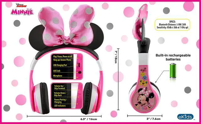 Alt view image 4 of 7 - Minnie Mouse Kids Bluetooth Headphones, Wireless with Microphone Includes Aux Cord, Volume Reduced Foldable Headphones for School, Home, or Travel, Pink