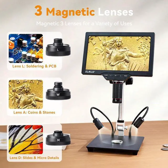 Alt view image 3 of 7 - 4K Magnetic 3 Lens Digital Microscope TL301, 7" HDMI Coin Magnifier | Soldering Electronics Repair Scope with 10 Stand, Whole Coin View for Collectors, IPS Screen, Side Light, DIY Grid Line, 16G