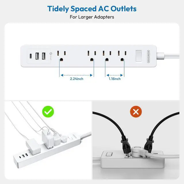 Alt view image 4 of 6 - Long Extension Cord 25 Ft, Flat Extension Cord Under Carpet, Power Strip Long Cord, Wall Mount Power Strip with 4 Outlets 2 USB A + USB C, Overload Protection for Indoor, Home, Dorm, Office