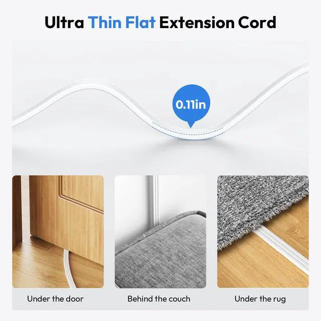 Alt view image 3 of 6 - Long Extension Cord 25 Ft, Flat Extension Cord Under Carpet, Power Strip Long Cord, Wall Mount Power Strip with 4 Outlets 2 USB A + USB C, Overload Protection for Indoor, Home, Dorm, Office