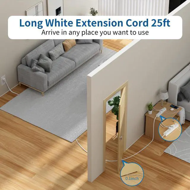 Alt view image 2 of 6 - Long Extension Cord 25 Ft, Flat Extension Cord Under Carpet, Power Strip Long Cord, Wall Mount Power Strip with 4 Outlets 2 USB A + USB C, Overload Protection for Indoor, Home, Dorm, Office