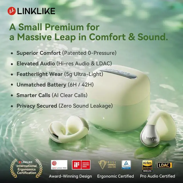 Alt view image 2 of 7 - Air Open Ear Clip-on EarbudsZero-Gravity Wearable TechGreen | Ultra Comfortable Patented 0-Pressure | Only 5g | Certified Hi-Res LDAC | 6H/42H Playtime | Al Clear Calls | No Sound Leakage