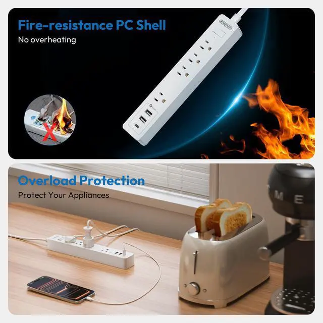 Alt view image 6 of 6 - Long Extension Cord 25 Ft, Flat Extension Cord Under Carpet, Power Strip Long Cord, Wall Mount Power Strip with 4 Outlets 2 USB A + USB C, Overload Protection for Indoor, Home, Dorm, Office