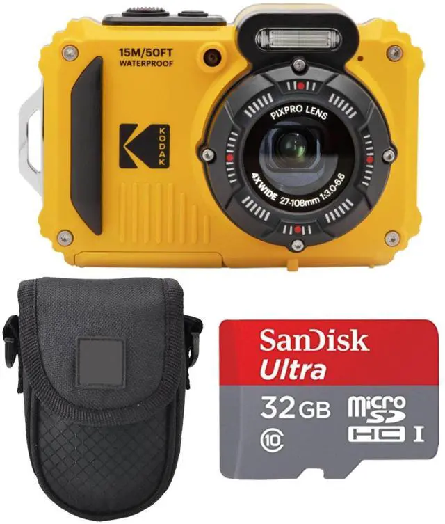 Main image of Kodak PIXPRO WPZ2 Rugged Waterproof Digital Camera Bundle with Black Point & Shoot Case + 32GB microSDHC Card (Yellow) Bundle (3 Items)
