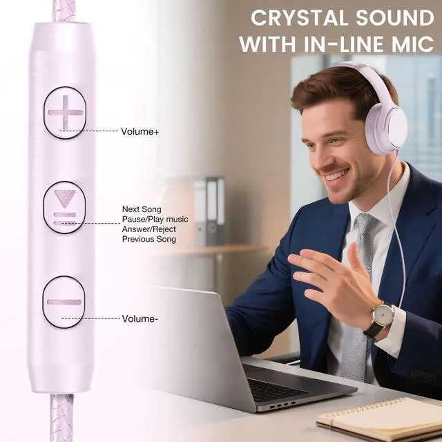 Alt view image 6 of 7 - USB C Wired Over-Ear Headphones with Microphone | Volume Control, Share Port, Adjustable Headband Foldable Stereo Headset for Adult/Teens for iPhone 16, Laptop, Gaming, Travel