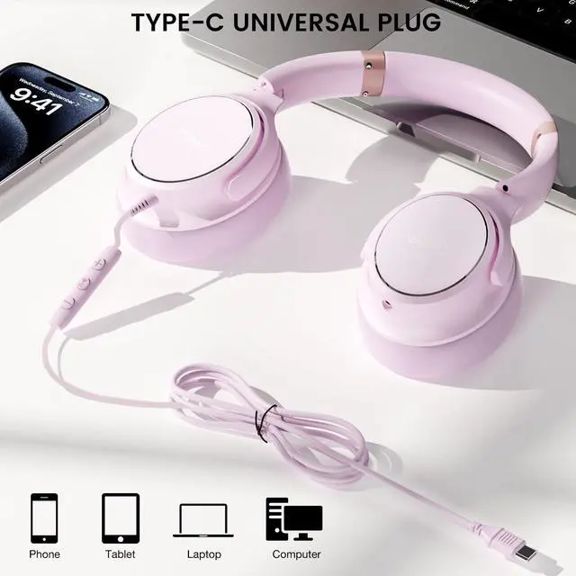 Alt view image 5 of 7 - USB C Wired Over-Ear Headphones with Microphone | Volume Control, Share Port, Adjustable Headband Foldable Stereo Headset for Adult/Teens for iPhone 16, Laptop, Gaming, Travel