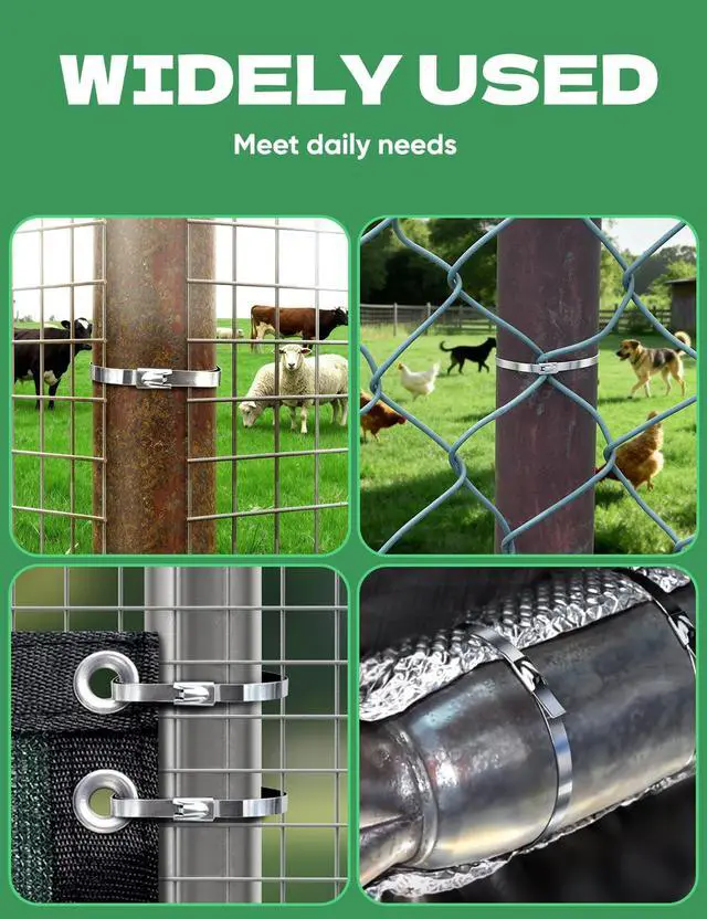 Alt view image 4 of 7 - Metal Zip Ties Heavy Duty 304 Stainless Steel Fence Ties 100-Pack | High-tensile self-locking metallic straps for chain link panels, chicken coops & garden wire mesh. All-weather endurance
