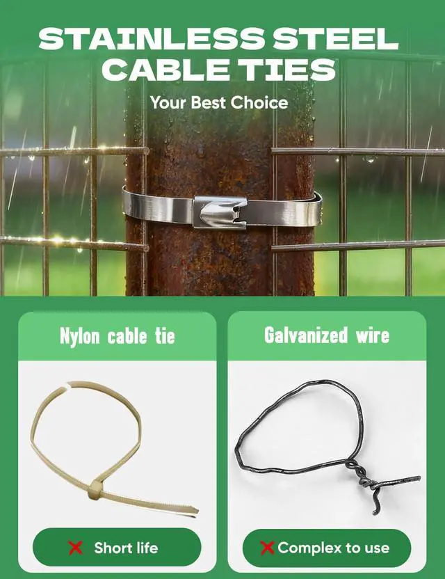 Alt view image 7 of 7 - Metal Zip Ties Heavy Duty 304 Stainless Steel Fence Ties 100-Pack | High-tensile self-locking metallic straps for chain link panels, chicken coops & garden wire mesh. All-weather endurance