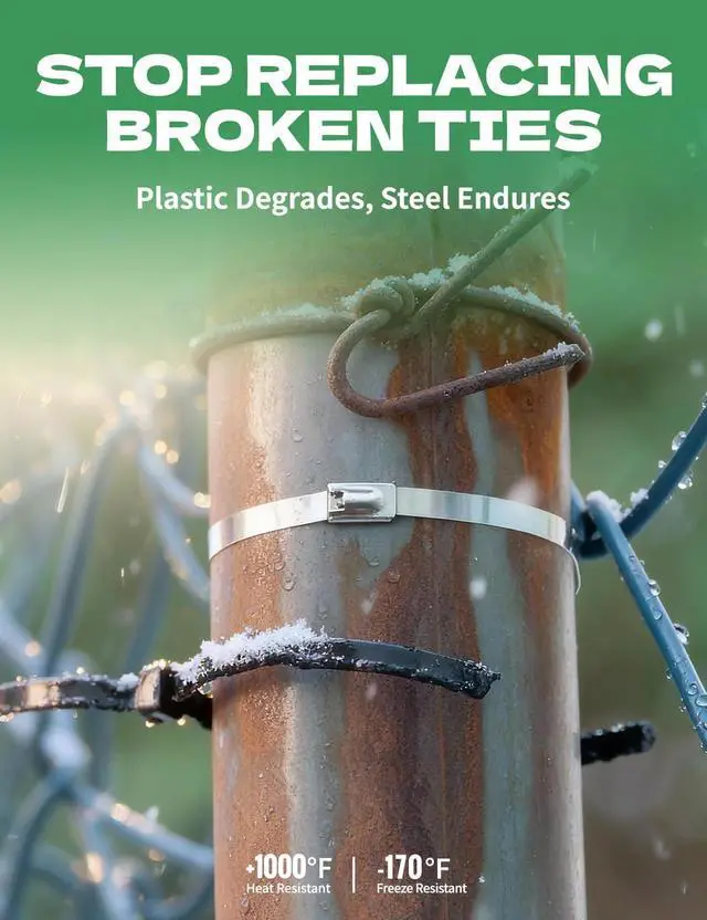 Alt view image 3 of 7 - Metal Zip Ties Heavy Duty 304 Stainless Steel Fence Ties 100-Pack | High-tensile self-locking metallic straps for chain link panels, chicken coops & garden wire mesh. All-weather endurance