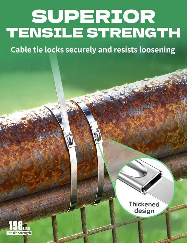 Alt view image 5 of 7 - Metal Zip Ties Heavy Duty 304 Stainless Steel Fence Ties 100-Pack | High-tensile self-locking metallic straps for chain link panels, chicken coops & garden wire mesh. All-weather endurance