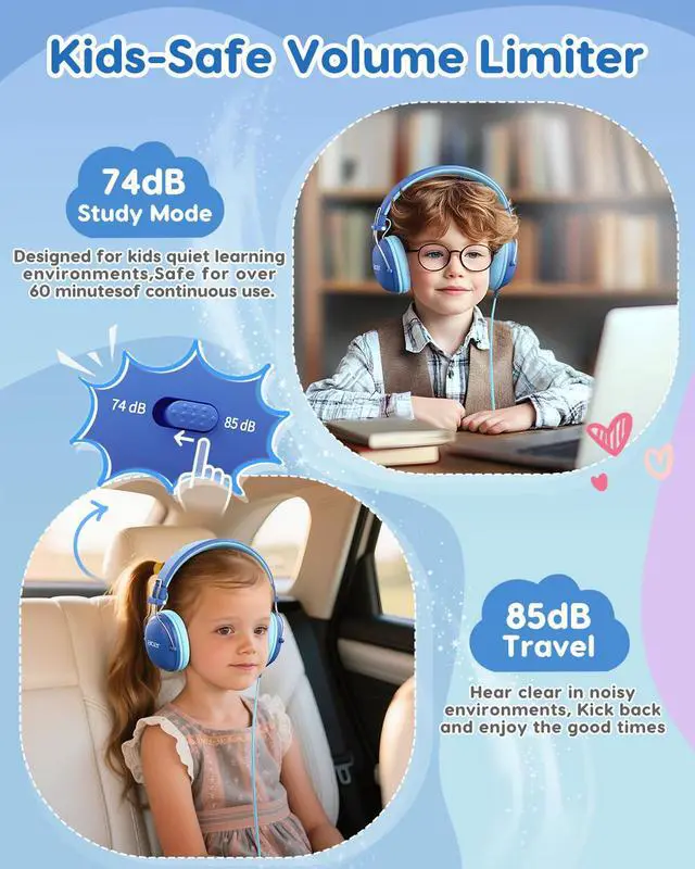 Alt view image 2 of 7 - Kids Headphones Wired for School, 74-85dB Limiter, Blue OHW342 | Foldable on-ear Stereo Sound, no Mic, 3.5mm Jack,for Kids Boys Girls Classroom Travel Chromebook iPad Tablets