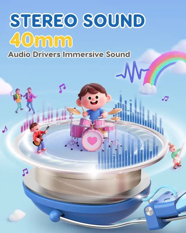 Alt view image 4 of 7 - Kids Headphones Wired for School, 74-85dB Limiter, Blue OHW342 | Foldable on-ear Stereo Sound, no Mic, 3.5mm Jack,for Kids Boys Girls Classroom Travel Chromebook iPad Tablets