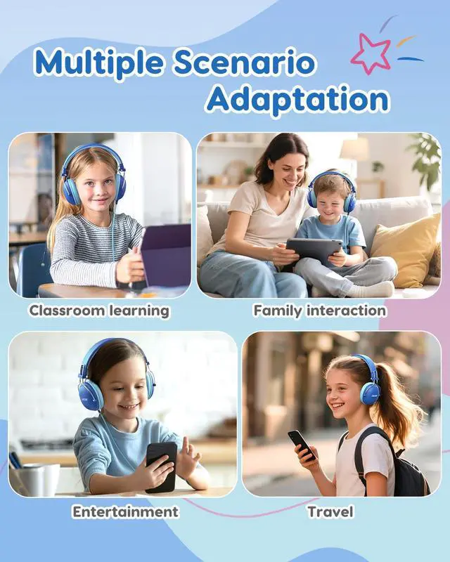 Alt view image 3 of 7 - Kids Headphones Wired for School, 74-85dB Limiter, Blue OHW342 | Foldable on-ear Stereo Sound, no Mic, 3.5mm Jack,for Kids Boys Girls Classroom Travel Chromebook iPad Tablets