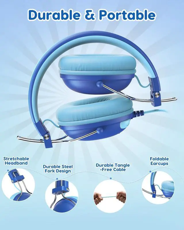Alt view image 6 of 7 - Kids Headphones Wired for School, 74-85dB Limiter, Blue OHW342 | Foldable on-ear Stereo Sound, no Mic, 3.5mm Jack,for Kids Boys Girls Classroom Travel Chromebook iPad Tablets