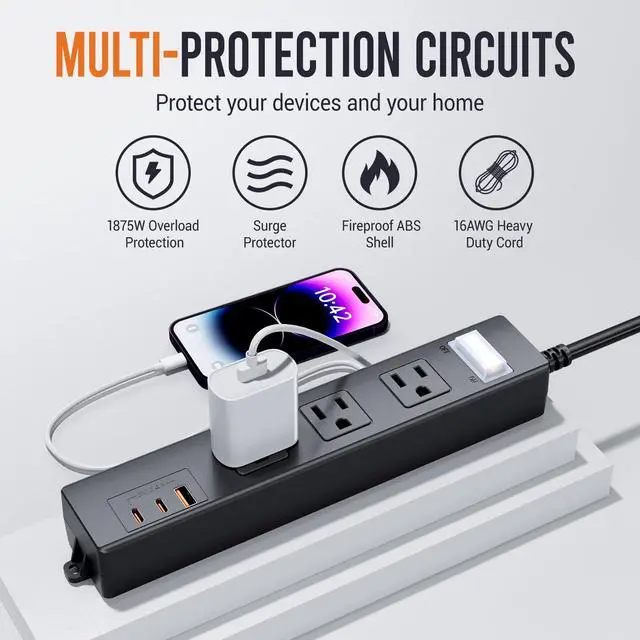Alt view image 4 of 7 - 15FT Outdoor Waterproof Power Strip Overload Protector with 3AC Outlets 2 USB-C 1 USB-A Power Switch Safety Lock, ETL Certified for Patio Garden Charging, Black