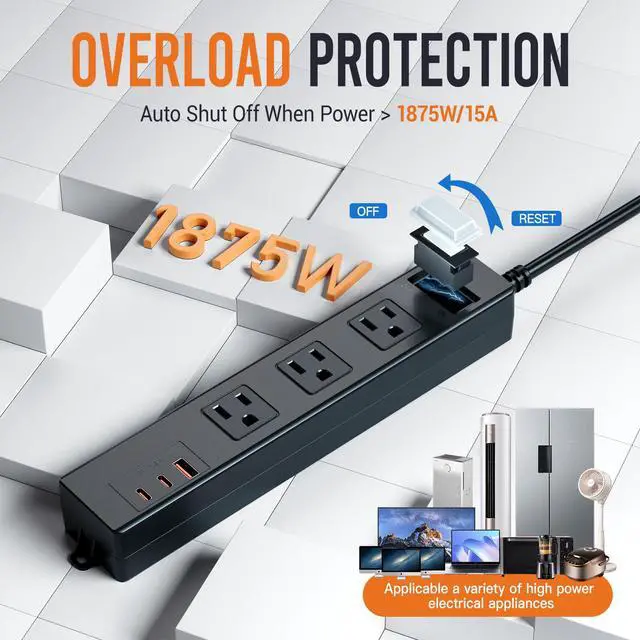 Alt view image 3 of 7 - 15FT Outdoor Waterproof Power Strip Overload Protector with 3AC Outlets 2 USB-C 1 USB-A Power Switch Safety Lock, ETL Certified for Patio Garden Charging, Black