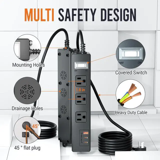 Alt view image 5 of 7 - 15FT Outdoor Waterproof Power Strip Overload Protector with 3AC Outlets 2 USB-C 1 USB-A Power Switch Safety Lock, ETL Certified for Patio Garden Charging, Black