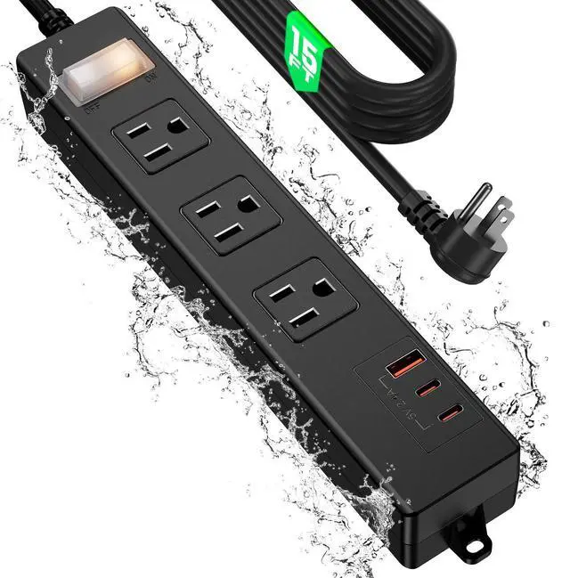 Main image of 15FT Outdoor Waterproof Power Strip Overload Protector with 3AC Outlets 2 USB-C 1 USB-A Power Switch Safety Lock, ETL Certified for Patio Garden Charging, Black