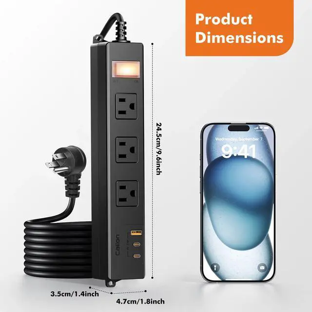 Alt view image 7 of 7 - 15FT Outdoor Waterproof Power Strip Overload Protector with 3AC Outlets 2 USB-C 1 USB-A Power Switch Safety Lock, ETL Certified for Patio Garden Charging, Black
