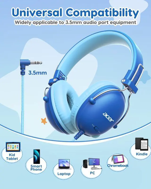 Alt view image 7 of 7 - Kids Headphones Wired for School, 74-85dB Limiter, Blue OHW342 | Foldable on-ear Stereo Sound, no Mic, 3.5mm Jack,for Kids Boys Girls Classroom Travel Chromebook iPad Tablets