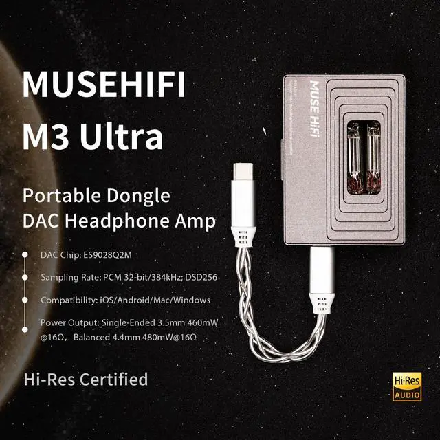 Alt view image 2 of 7 - MUSEHiFi M3 Ultra Portable Tube DAC Amp with JAN6418 Vacuum Tube, 460mW/480mW Balanced Output, USB C Dongle DAC for IEMs & Headphones, Amplifier for Phone/PC/Mac