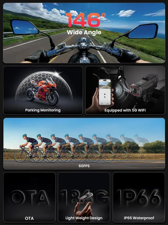 Alt view image 4 of 7 - AKY-730Pro 4K Motorcycle/Bike Dash Cam,60FPS Action Camera with EIS Stabilization,1.14" Touchscreen, Built-in GPS, IP66 Waterproof, Up to 6 Hours of Battery Life,Loop Recording,Parking Monitor