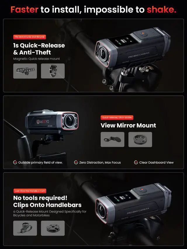 Alt view image 6 of 7 - AKY-730Pro 4K Motorcycle/Bike Dash Cam,60FPS Action Camera with EIS Stabilization,1.14" Touchscreen, Built-in GPS, IP66 Waterproof, Up to 6 Hours of Battery Life,Loop Recording,Parking Monitor
