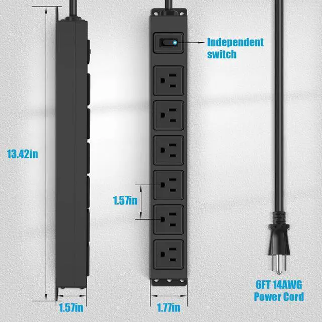 Alt view image 5 of 6 - 6 Outlet Magnetic Power Strip, 14AWG Extension Cord, 6Ft, Black, 1 | Metal Heavy Duty Surge Protector, 1200J Surge Protector with Multiple Outlets, Wall Mount Plug Extender with Switch