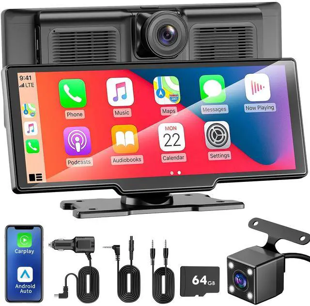 Main image of 10.26" Portable Apple CarPlay Screen for Car, Wireless CarPlay & Android Auto Touch Screen, 4K Dash Cam, 1080P Backup Camera, Bluetooth 5.0, FM Transmitter, Mirror Link, Phone Navigation