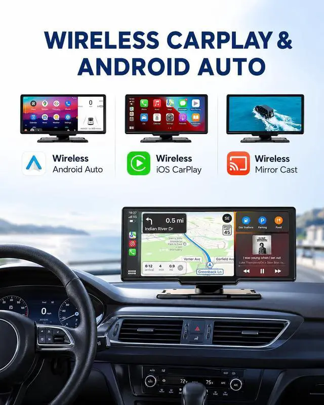 Alt view image 2 of 7 - 10.26" Portable Apple CarPlay Screen for Car, Wireless CarPlay & Android Auto Touch Screen, 4K Dash Cam, 1080P Backup Camera, Bluetooth 5.0, FM Transmitter, Mirror Link, Phone Navigation