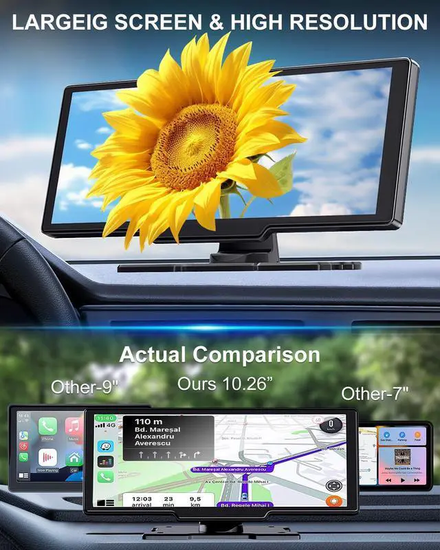 Alt view image 3 of 7 - 10.26" Portable Apple CarPlay Screen for Car, Wireless CarPlay & Android Auto Touch Screen, 4K Dash Cam, 1080P Backup Camera, Bluetooth 5.0, FM Transmitter, Mirror Link, Phone Navigation
