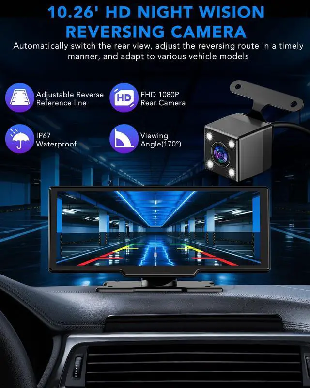 Alt view image 5 of 7 - 10.26" Portable Apple CarPlay Screen for Car, Wireless CarPlay & Android Auto Touch Screen, 4K Dash Cam, 1080P Backup Camera, Bluetooth 5.0, FM Transmitter, Mirror Link, Phone Navigation