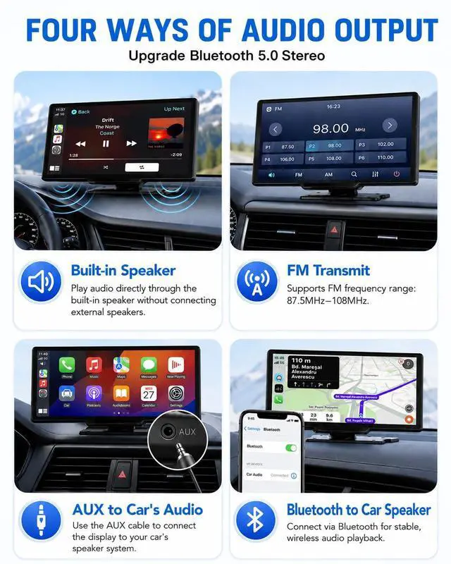 Alt view image 6 of 7 - 10.26" Portable Apple CarPlay Screen for Car, Wireless CarPlay & Android Auto Touch Screen, 4K Dash Cam, 1080P Backup Camera, Bluetooth 5.0, FM Transmitter, Mirror Link, Phone Navigation