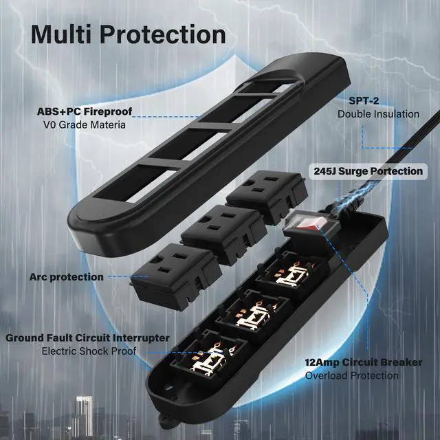Alt view image 3 of 7 - Outdoor Power Strip 10 Ft, IPX4 Waterproof Surge Protector 3 Widely Spaced AC Outlets Extension Cord, 45° Flat Plug, Wall Mountable, 18 Gauge 125V for Garden Patio Camping Christmas Lights-ETL