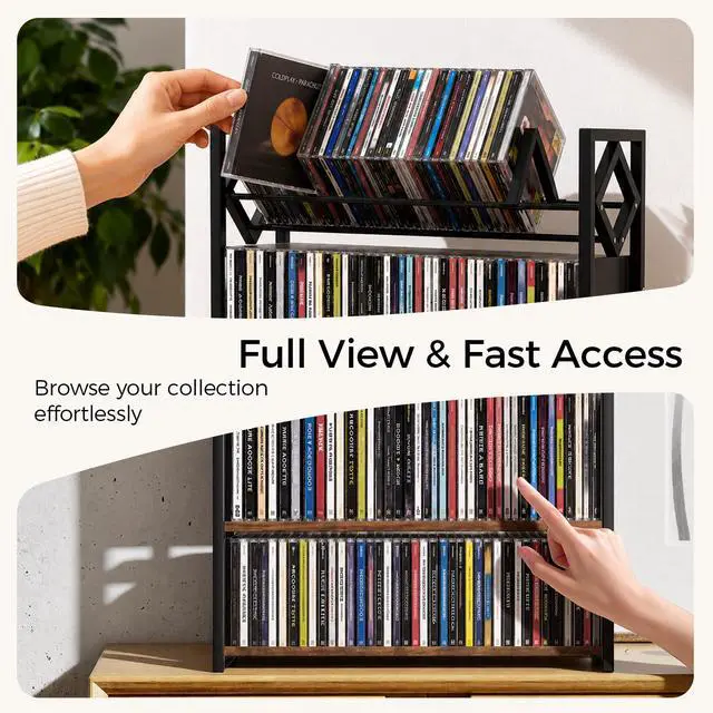 Alt view image 2 of 7 - 3-Tier CD Holder for 120 CDs, Wooden and Metal CD Storage Rack For DVDs | Top Display Shelf Keeps Favorite CDs, DVDs, Or Music Decor Easy for Living Room, Music Room and Daily Media Collections