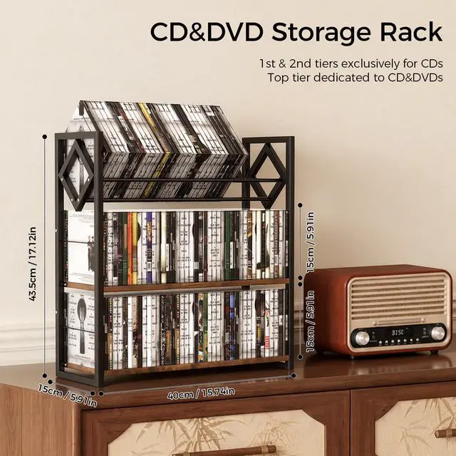 Alt view image 4 of 7 - 3-Tier CD Holder for 120 CDs, Wooden and Metal CD Storage Rack For DVDs | Top Display Shelf Keeps Favorite CDs, DVDs, Or Music Decor Easy for Living Room, Music Room and Daily Media Collections