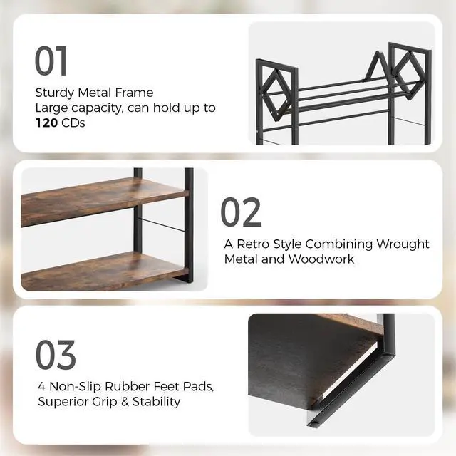Alt view image 5 of 7 - 3-Tier CD Holder for 120 CDs, Wooden and Metal CD Storage Rack For DVDs | Top Display Shelf Keeps Favorite CDs, DVDs, Or Music Decor Easy for Living Room, Music Room and Daily Media Collections