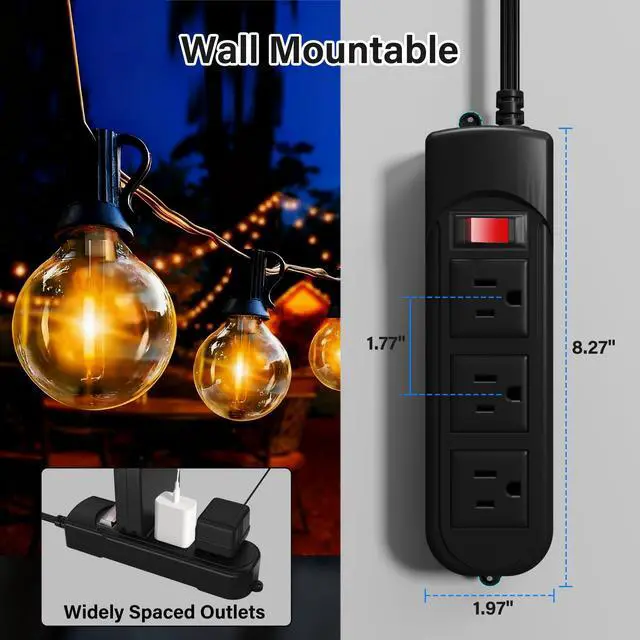 Alt view image 6 of 7 - Outdoor Power Strip 10 Ft, IPX4 Waterproof Surge Protector 3 Widely Spaced AC Outlets Extension Cord, 45° Flat Plug, Wall Mountable, 18 Gauge 125V for Garden Patio Camping Christmas Lights-ETL