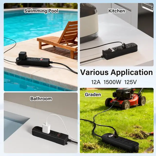 Alt view image 7 of 7 - Outdoor Power Strip 10 Ft, IPX4 Waterproof Surge Protector 3 Widely Spaced AC Outlets Extension Cord, 45° Flat Plug, Wall Mountable, 18 Gauge 125V for Garden Patio Camping Christmas Lights-ETL