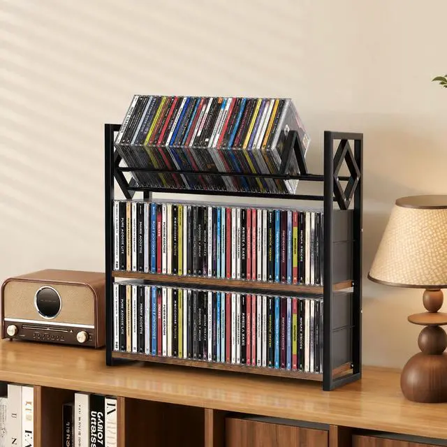 Alt view image 6 of 7 - 3-Tier CD Holder for 120 CDs, Wooden and Metal CD Storage Rack For DVDs | Top Display Shelf Keeps Favorite CDs, DVDs, Or Music Decor Easy for Living Room, Music Room and Daily Media Collections