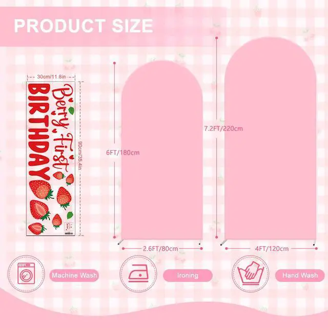 Alt view image 2 of 6 - Set of 2 Arch Backdrop Cover 7.2FT, 6FT Pink and Berry First Birthday Decal Sign - Adjustable Round Top Chiara Backdrop Stand Covers for Wedding Birthday Party Baby Shower Banquet Decoration