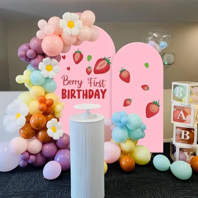 Alt view image 3 of 6 - Set of 2 Arch Backdrop Cover 7.2FT, 6FT Pink and Berry First Birthday Decal Sign - Adjustable Round Top Chiara Backdrop Stand Covers for Wedding Birthday Party Baby Shower Banquet Decoration
