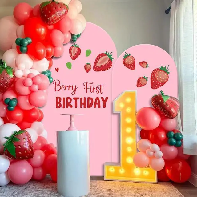 Alt view image 5 of 6 - Set of 2 Arch Backdrop Cover 7.2FT, 6FT Pink and Berry First Birthday Decal Sign - Adjustable Round Top Chiara Backdrop Stand Covers for Wedding Birthday Party Baby Shower Banquet Decoration