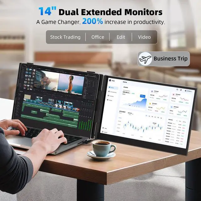 Alt view image 2 of 7 - 14" Dual Laptop Screen Extender with 1.3lbs - Ultra Thin Portable Monitor for Laptop Plug & Play, FHD 1080P Laptops Extended Monitor for 13"-17" Laptops, USB-C/HDMI Travel Display for Mac/Win