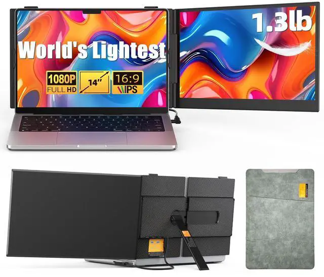 Main image of 14" Dual Laptop Screen Extender with 1.3lbs - Ultra Thin Portable Monitor for Laptop Plug & Play, FHD 1080P Laptops Extended Monitor for 13"-17" Laptops, USB-C/HDMI Travel Display for Mac/Win