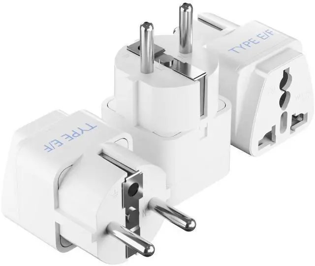 Main image of Schuko, Germany France Travel Power Adapter, Grounded European Plug - Type E/F Outlet, Adaptor for USA to Europe EU Socket - 3 Pack - Use In Norway, Korea, Spain, Greece, Russia, Iceland