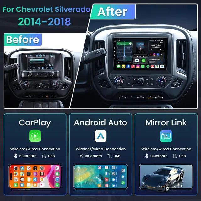 Alt view image 4 of 7 - 8Core 32 ROM Android 15 Car Stereo Radio for Chevy Silverado & GMC Sierra 2014-2018: 10.2" HD QLED Touchscreen Wireless CarPlay & Android Auto, 5G WiFi, GPS Navigation, Bluetooth FM/SWC, Backup Camera
