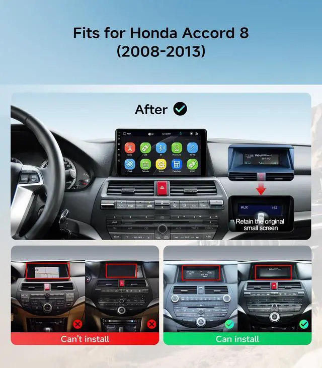 Alt view image 2 of 7 - Car Radio Stereo for Honda Accord 2008-2013, Wireless CarPlay Android Auto | 10.2-inch IPS HD touchscreen, Linux operating system, Bluetooth FM AM SWC, plug-and-play, 1080P backup camera