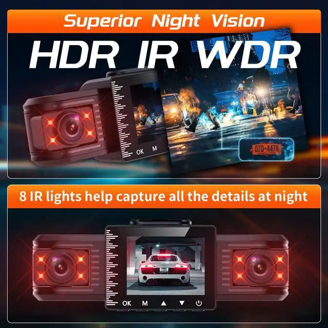 Alt view image 4 of 7 - T1-pro Dash Cam Front and Rear Inside 3 Channel 1080P, Adjustable Lens Dash Camera for Cars with 8 IR Lamps Night Vision, Three Ways Triple Car Camera, Loop Recording, G-Sensor, Parking Monitor